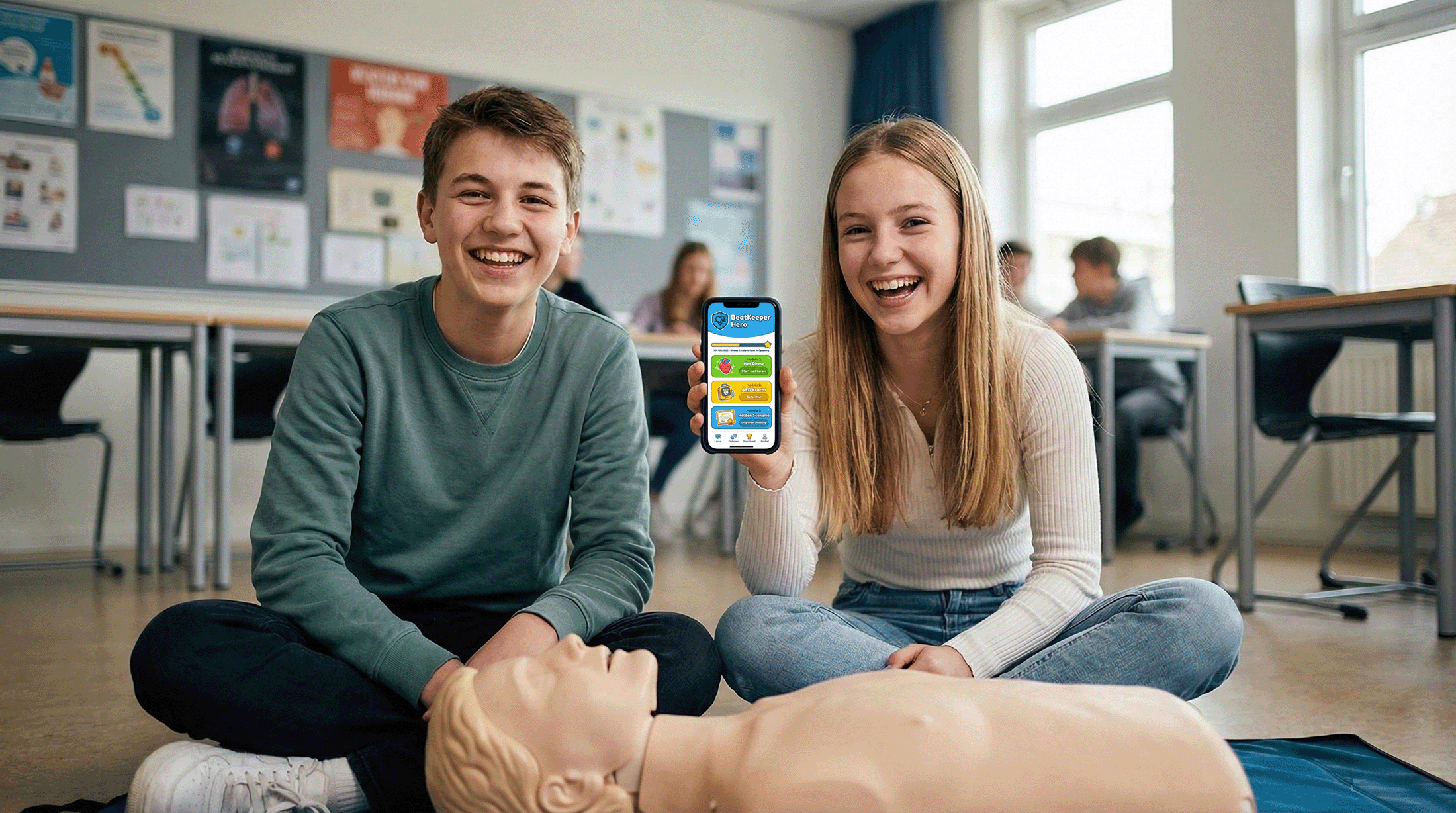 Reanimatie cursus voor jongeren - scholieren leren AED-gebruik en levensreddende vaardigheden bij BeatKeeper Academy training op school