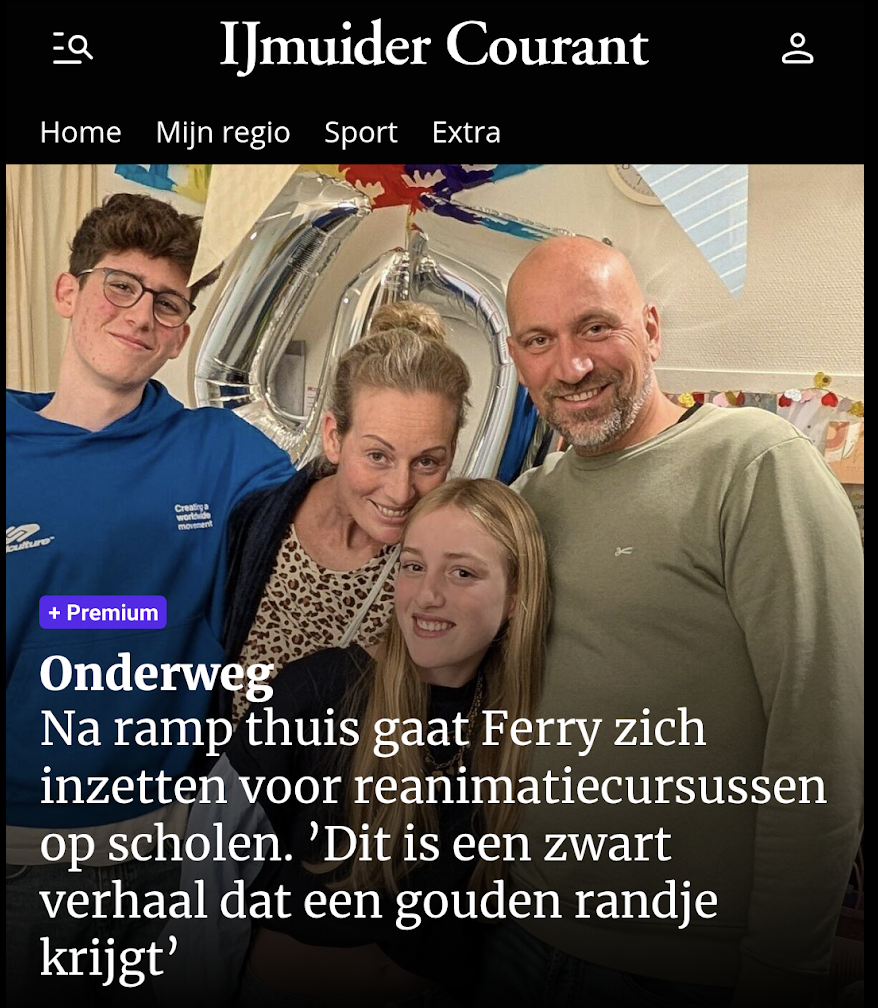 IJmuider Courant artikel - Joep Schelvis (16) redde moeder Suzanne na hartstilstand met reanimatiekennis van school, familie in ziekenhuis